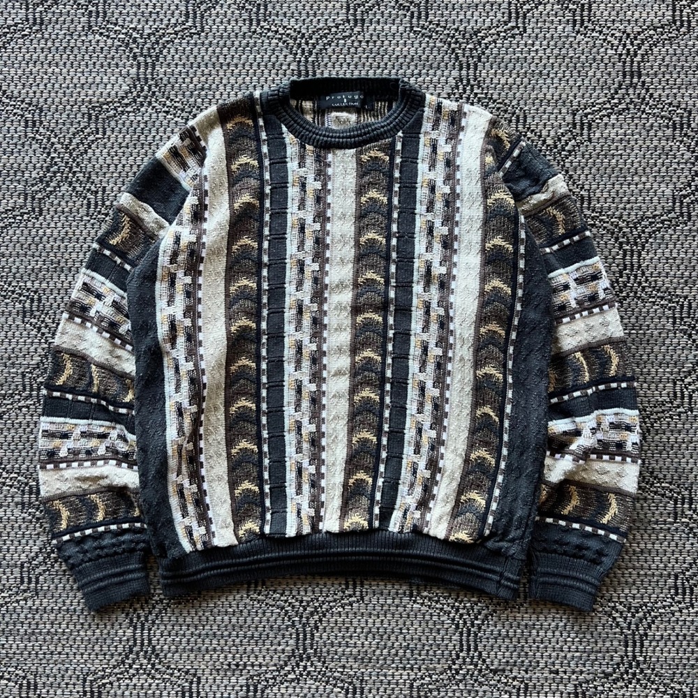 Vintage Protege Sweater Mens Medium Grey Tan Geometric Knit 3D 90s Coogi Style